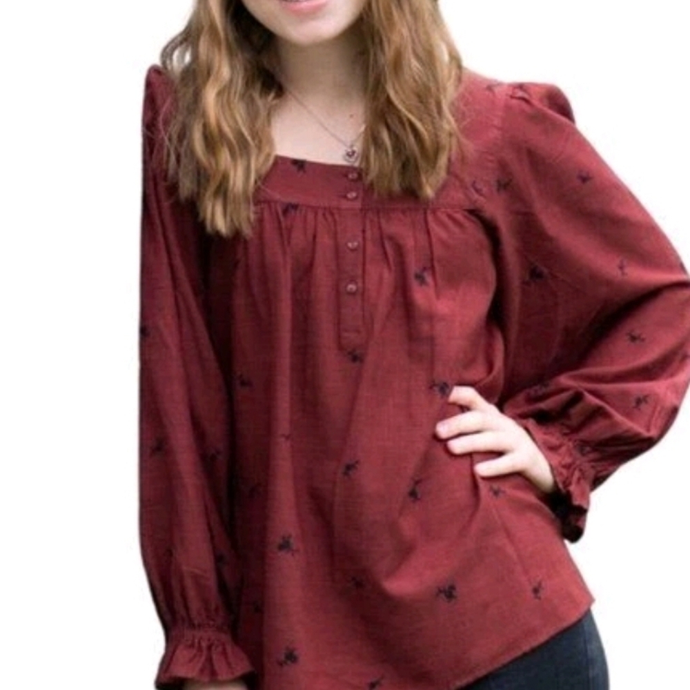 Lauren Conrad Women SZ M Square Neck Embroidered Long Sleeve Blouse Maroon